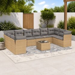 Beige Poly Rattan Outdoor Garden Sofa Set - 11 Pieces