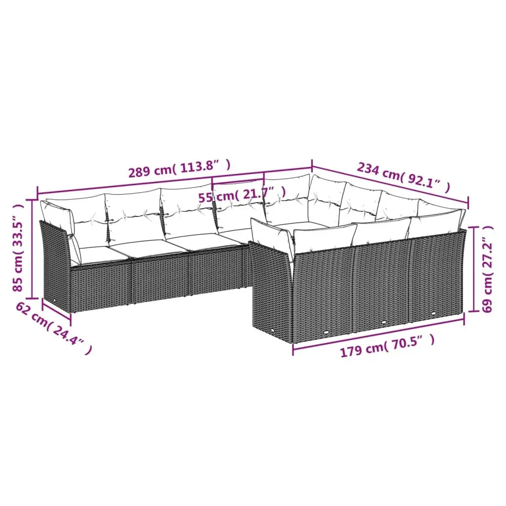 10 Piece Outdoor Garden Sofa Set PE Rattan Modular Patio Furniture Grey Cushions