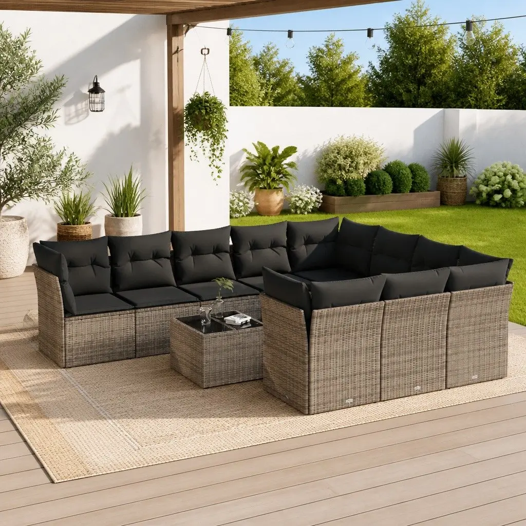 Garden Sofa Set PE Poly Rattan 11 Piece Grey with Cushions