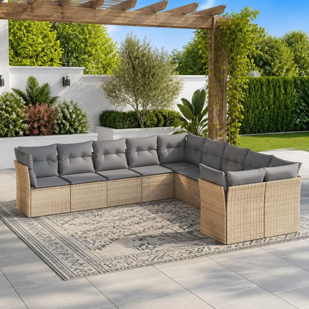 Beige 10-Piece Modular Outdoor Sofa Set with Cushions