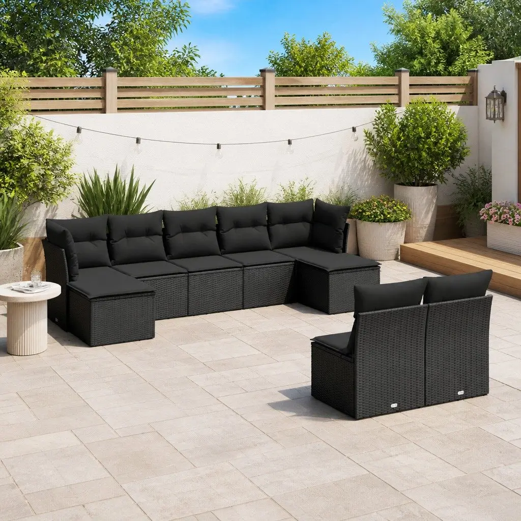 9-Piece Modular Outdoor Rattan Sofa Set in Black