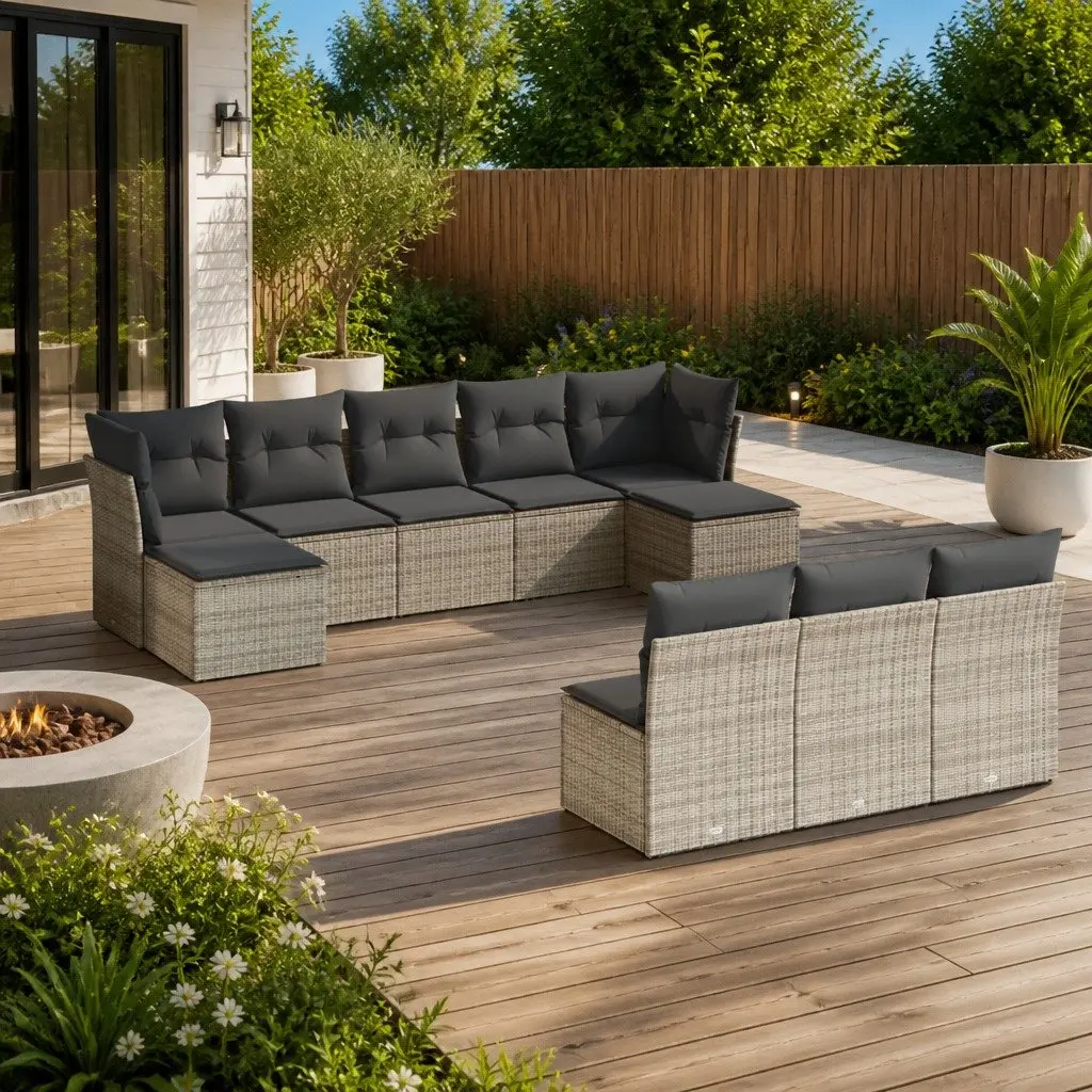 10-Piece Grey Garden Sofa Set with Cushions