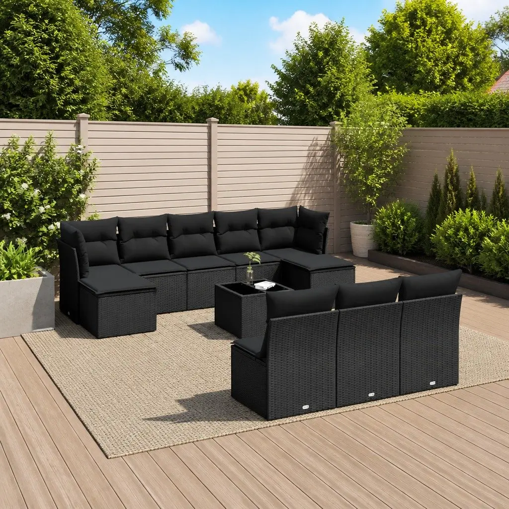 11 Piece Modular Outdoor Sofa Set Black PE Rattan with Tempered Glass Table and Cushions
