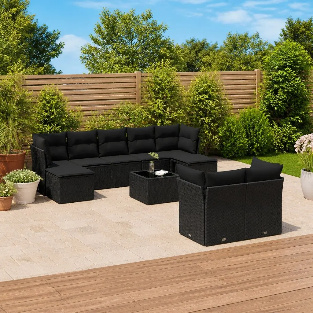 10 Piece Black Poly Rattan Garden Sofa Set
