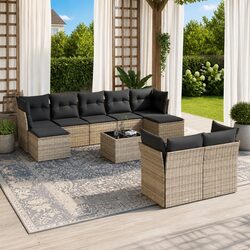 10-Piece Grey Poly Rattan Garden Sofa Set with Cushions