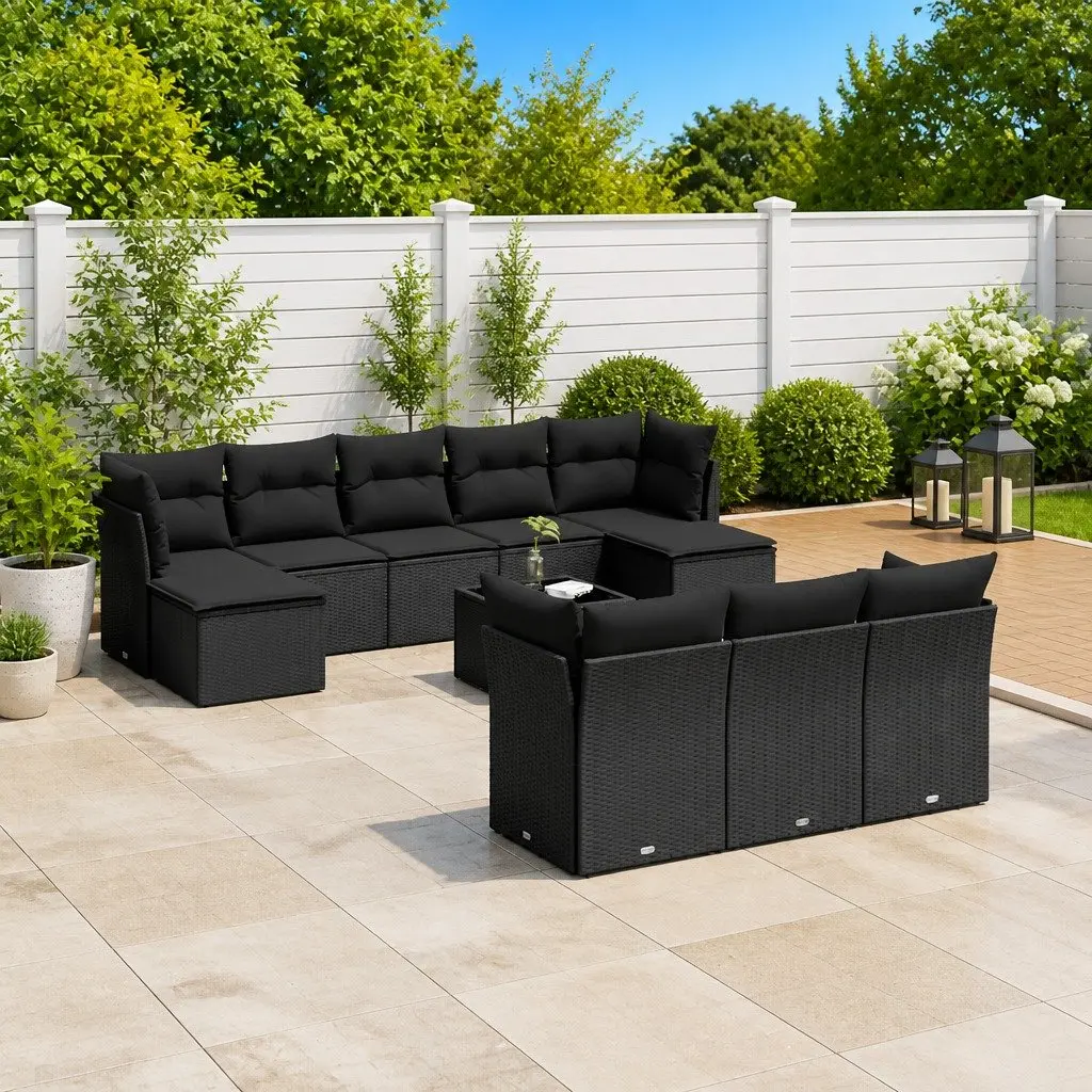 11 Piece Black Poly Rattan Garden Sofa Set