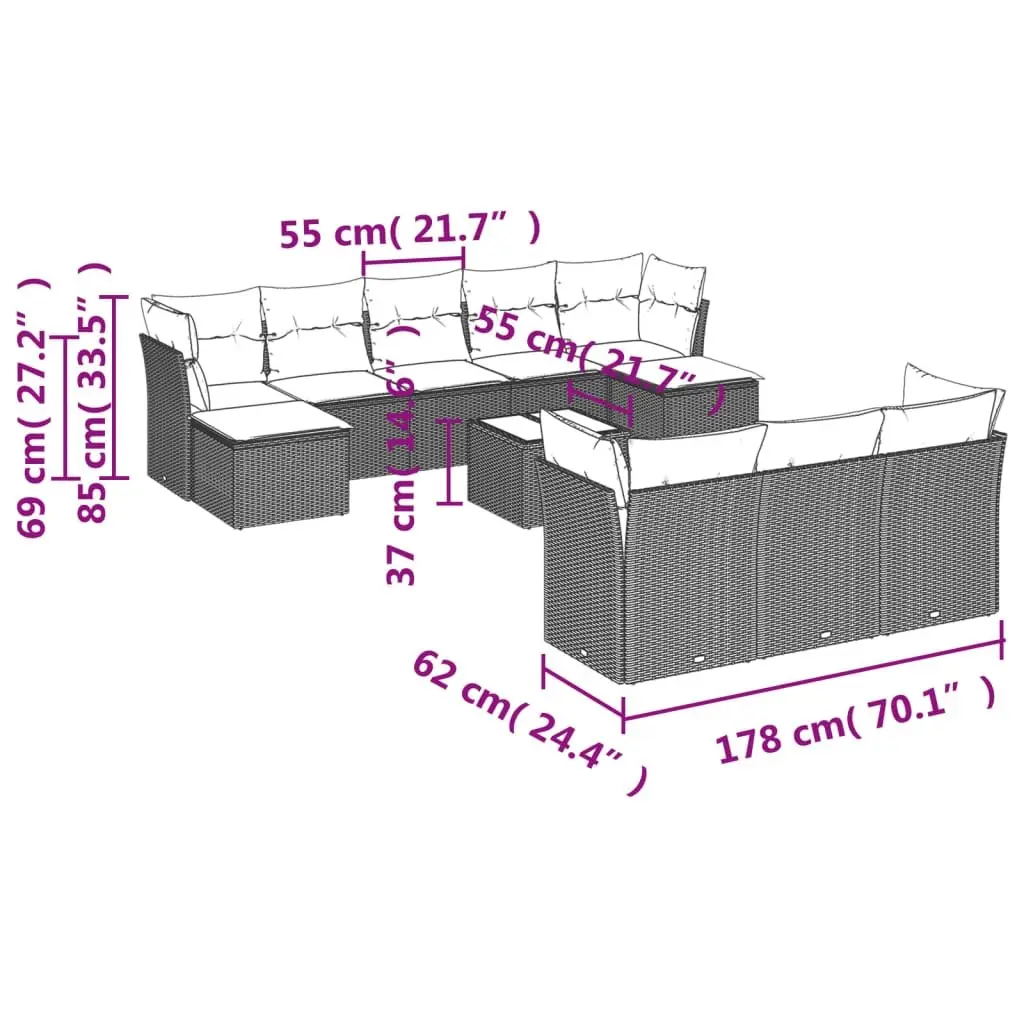 Garden Sofa Set PE Rattan 11 Piece Outdoor Furniture Grey Modular Patio