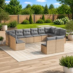 Beige Poly Rattan 12-Piece Outdoor Garden Sofa Set