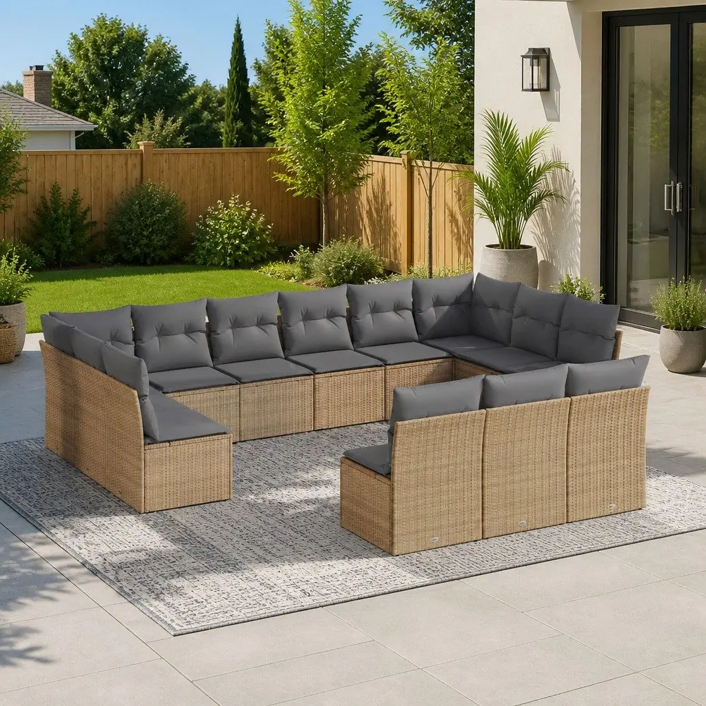 13 Piece Beige Garden Sofa Set with Cushions