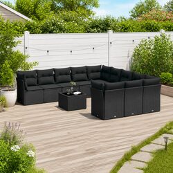 Durable 12-Piece Black Poly Rattan Garden Sofa Set