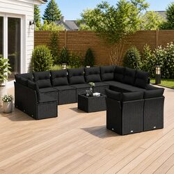 Durable 13-Piece Black Outdoor Garden Sofa Set with Cushions