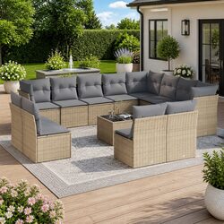Beige Poly Rattan Garden Sofa Set 13 Piece Outdoor Lounge