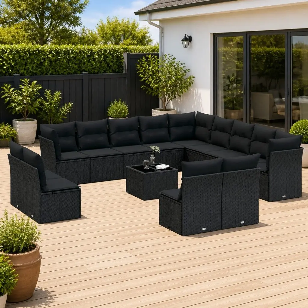 14-Piece Black Poly Rattan Outdoor Sofa Set