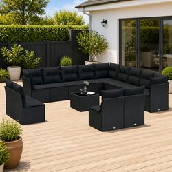Premium 14-Piece Black Poly Rattan Outdoor Sofa Set