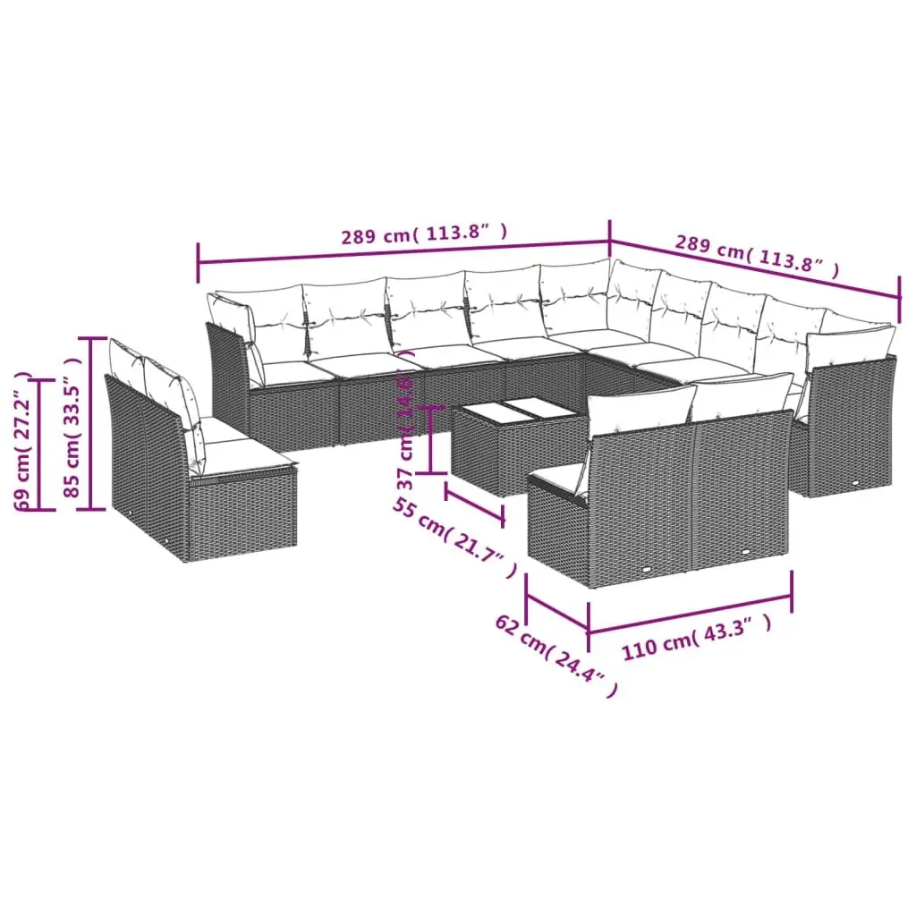 14-Piece Black Poly Rattan Outdoor Sofa Set