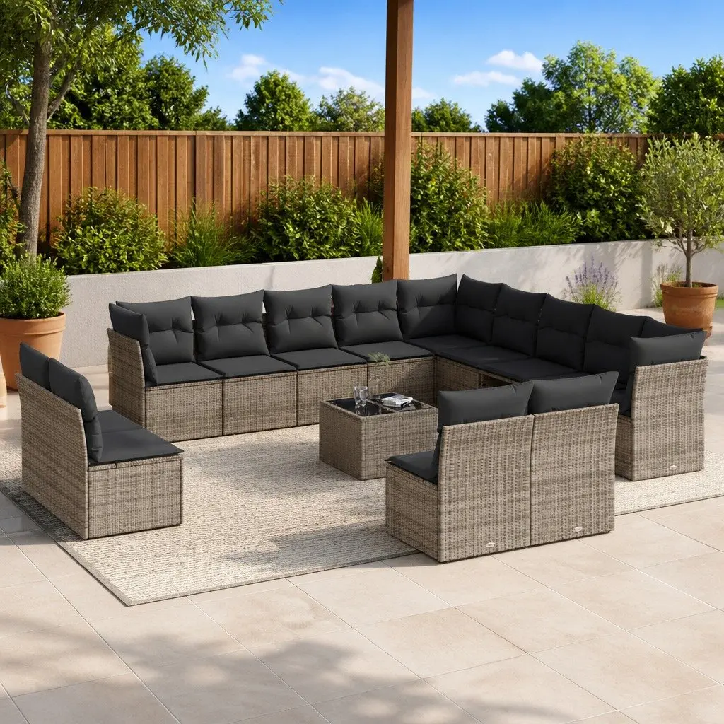 14 Piece Grey Poly Rattan Garden Sofa Set
