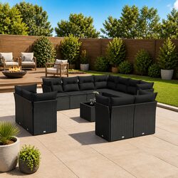 12 Piece Black Poly Rattan Outdoor Garden Sofa Set
