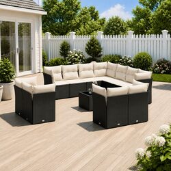 Durable 12 Piece Garden Sofa Set in Black Poly Rattan