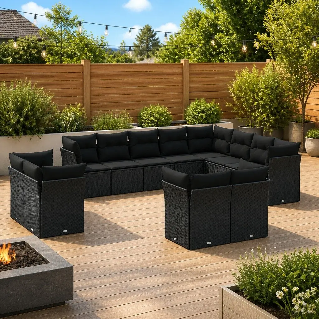 12 Piece Black Poly Rattan Garden Sofa Set