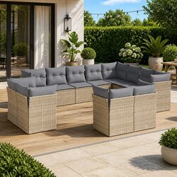 12-Piece Beige Rattan Garden Sofa Set with Cushions