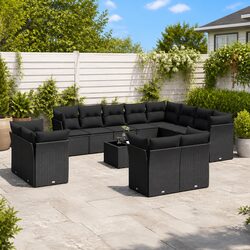 Black Poly Rattan Garden Sofa Set 13 Pieces with Cushions