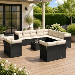 Modular 13-Piece Black Poly Rattan Garden Sofa Set