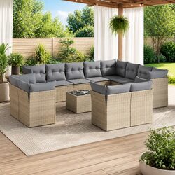 Beige Poly Rattan Outdoor Garden Sofa Set - 13 Pieces