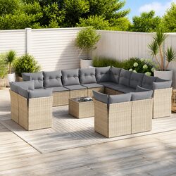 Beige Poly Rattan 14 Piece Garden Sofa Set with Cushions