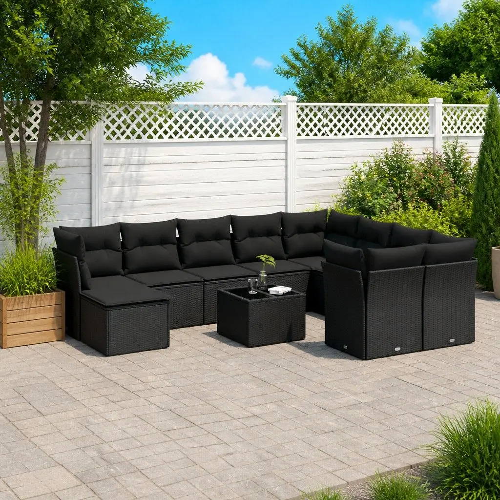 11-Piece Black Poly Rattan Garden Sofa Set
