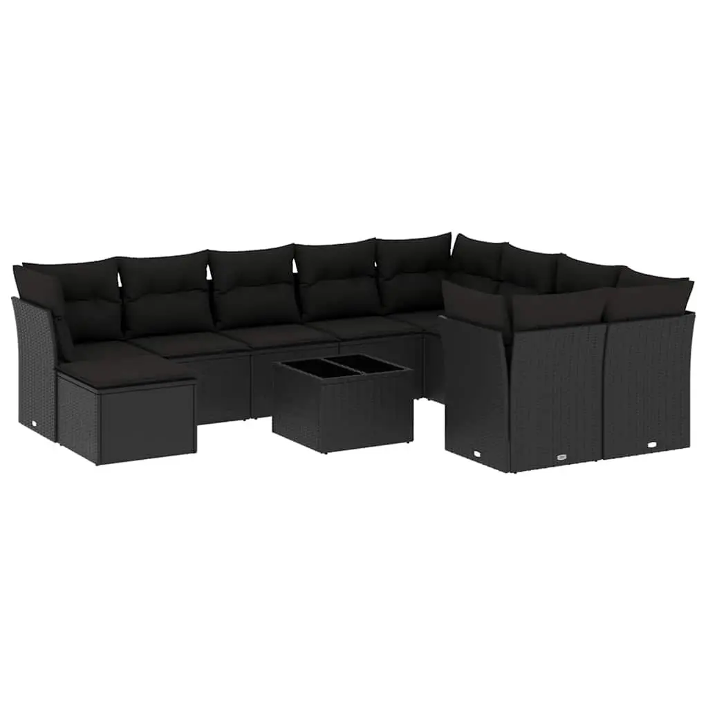 11-Piece Black Poly Rattan Garden Sofa Set