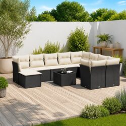 Durable 11-Piece Black Poly Rattan Garden Sofa Set