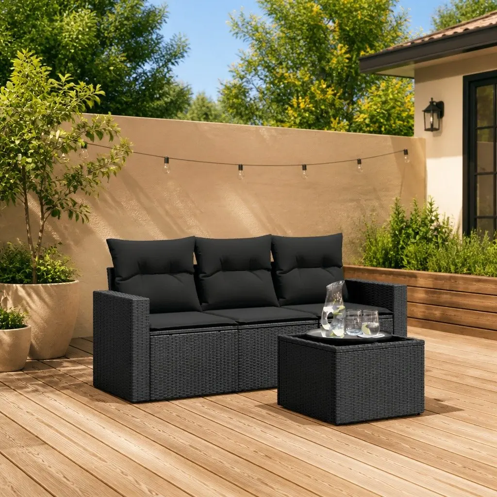 Garden Sofa Set PE Rattan 4 Piece Outdoor Furniture Black with Cushions