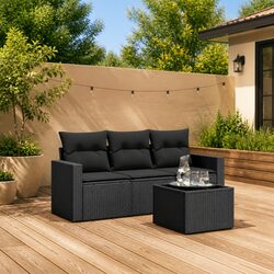 Durable 4 Piece Garden Sofa Set Black Poly Rattan