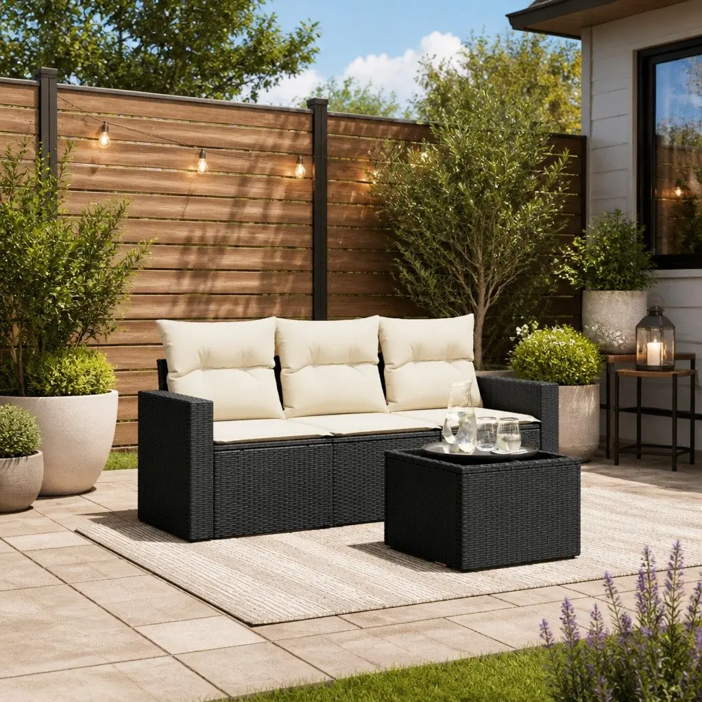 4 Piece Black Poly Rattan Garden Sofa Set