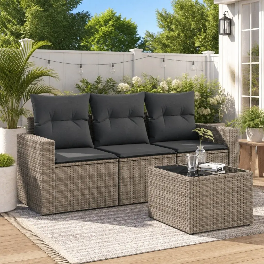 Garden Sofa Set PE Rattan 4 Piece Grey with Cushions