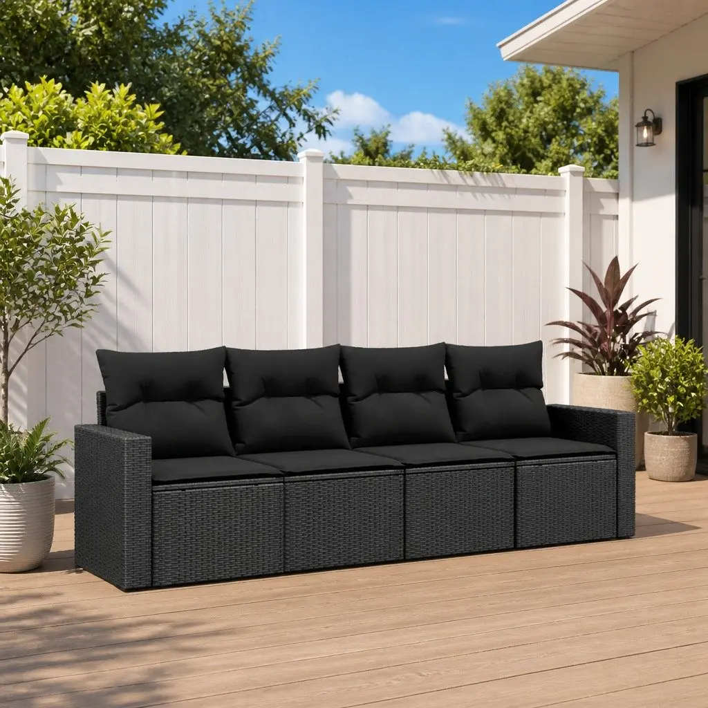 Black Poly Rattan Garden Sofa Set with Cushions
