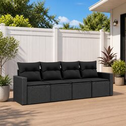 Premium Black Poly Rattan Garden Sofa Set with Cushions