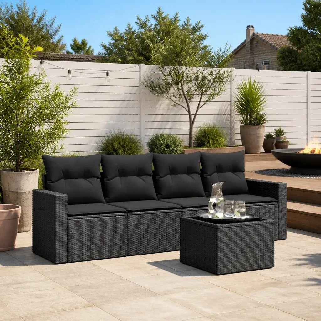5 Piece Garden Sofa Set PE Rattan Black Outdoor Furniture with Cushions Tempered Glass