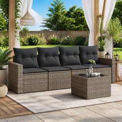 5-Piece Grey Poly Rattan Garden Sofa Set with Cushions