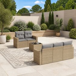 Beige Poly Rattan 6-Piece Garden Sofa Set with Cushions