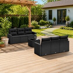 Durable 7 Piece Black Rattan Garden Sofa Set with Cushions