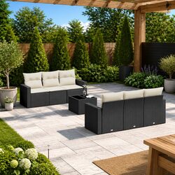 Durable 7 Piece Black Garden Sofa Set with Cushions