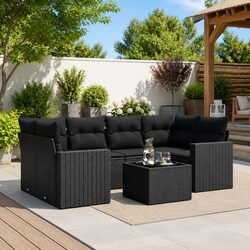 Sturdy 7 Piece Black Poly Rattan Garden Sofa Set