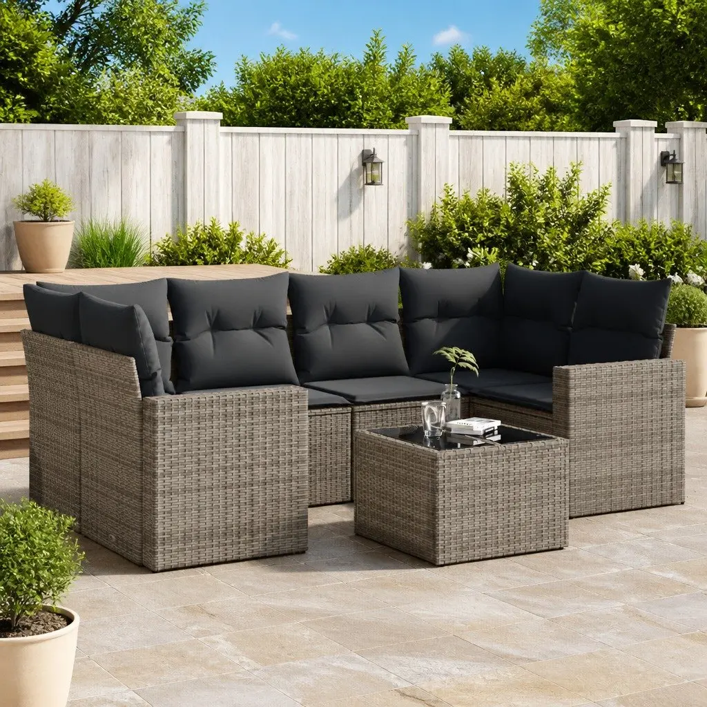 7 Piece Garden Sofa Set Grey Poly Rattan