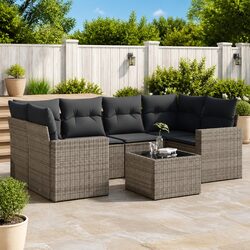 Sturdy 7 Piece Garden Sofa Set Grey Poly Rattan