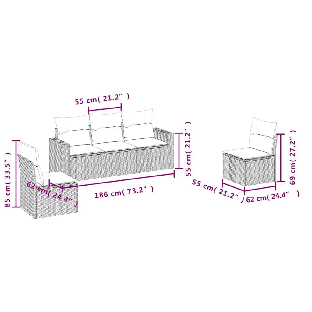 5 Piece Garden Sofa Set PE Rattan Black with Cushions