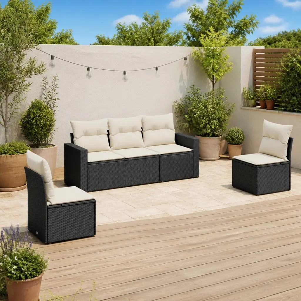 Garden Sofa Set PE Rattan 5 Piece Outdoor Furniture with Cushions Black