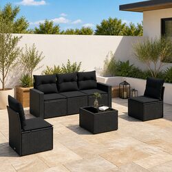 Black Poly Rattan 6 Piece Garden Sofa Set Outdoor Furniture