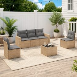 Beige Garden Sofa Set: 6-Piece Patio Lounge Furniture