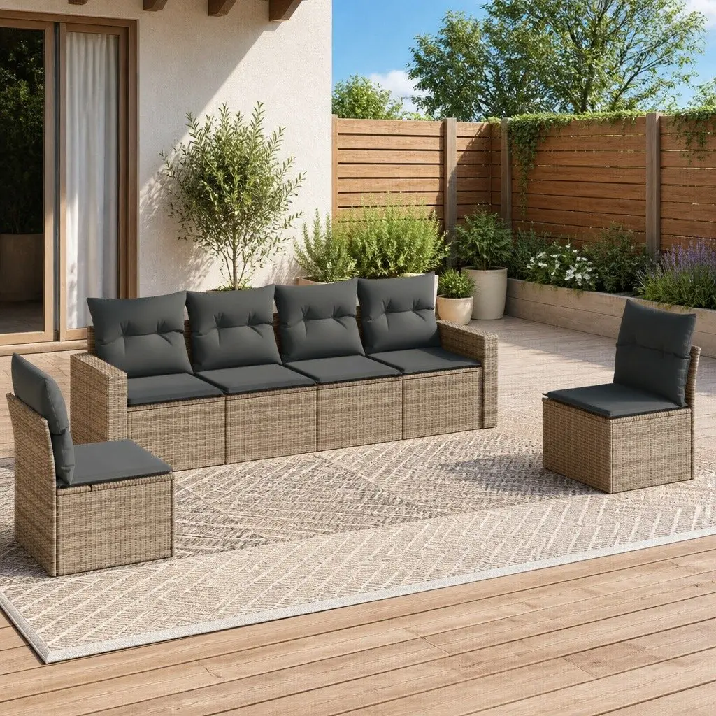 Garden Sofa Set PE Rattan 6 Piece Modular Outdoor Furniture with Cushions Grey